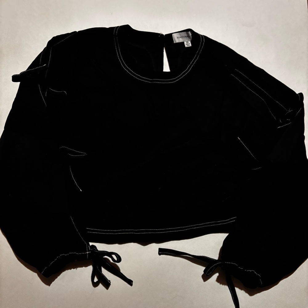 black something navy cropped long sleeve blouse with tie sleeves